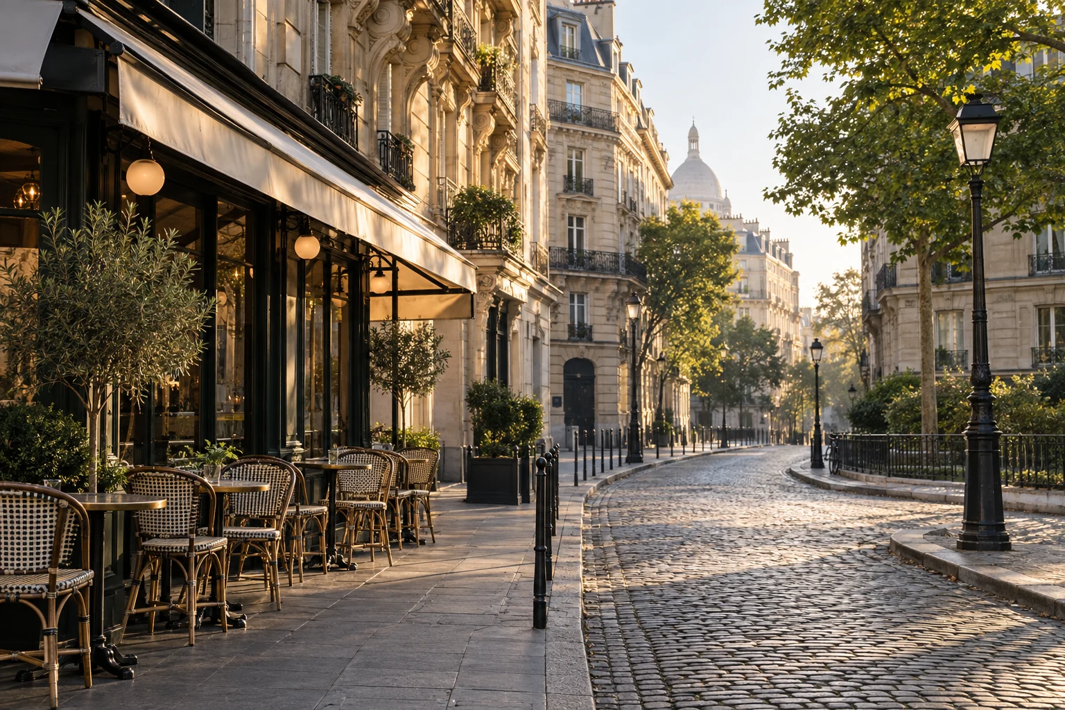 A Parisian café street in soft morning light
