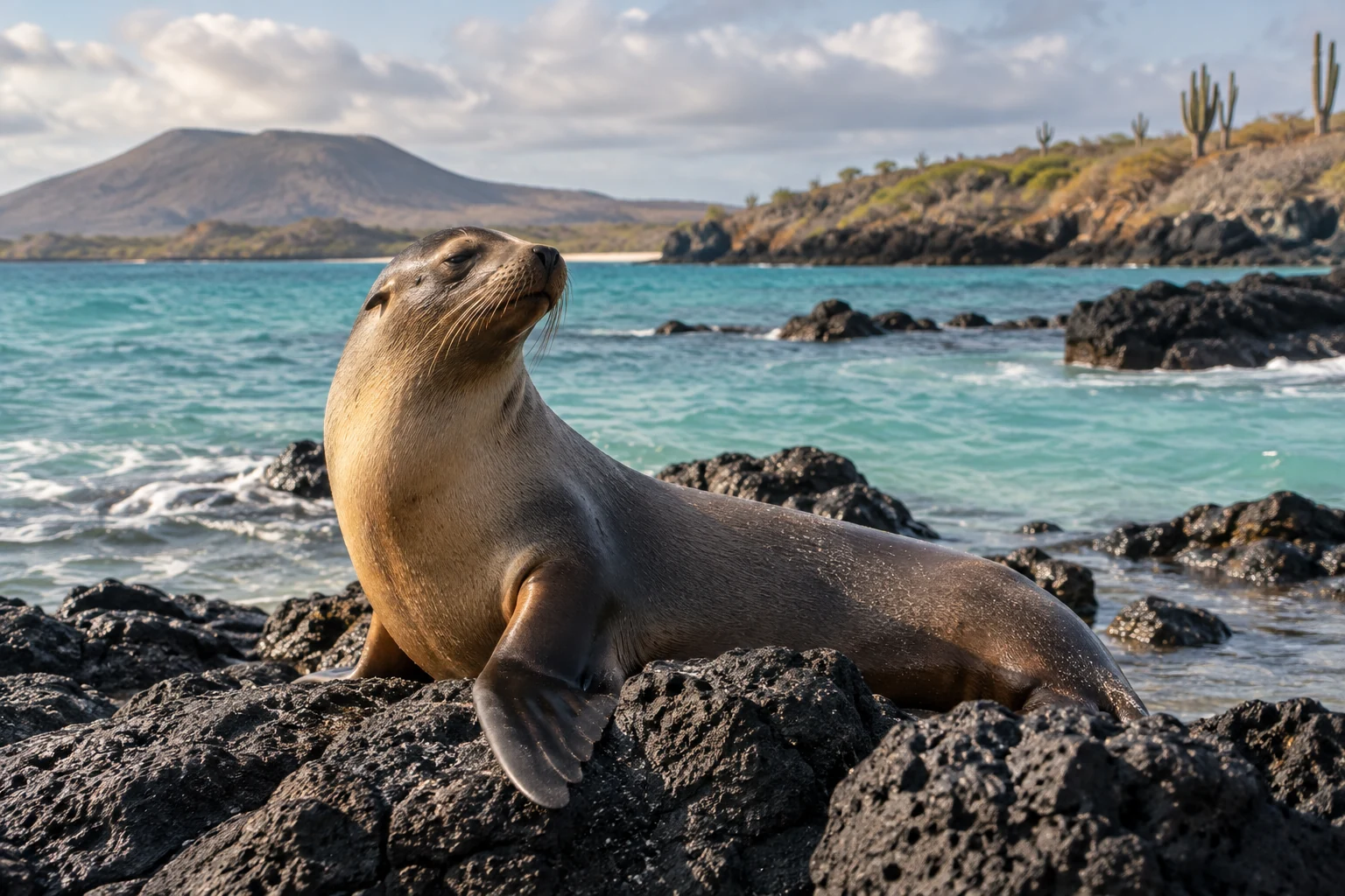 A sea lion resting on a volcanic Galápagos shore