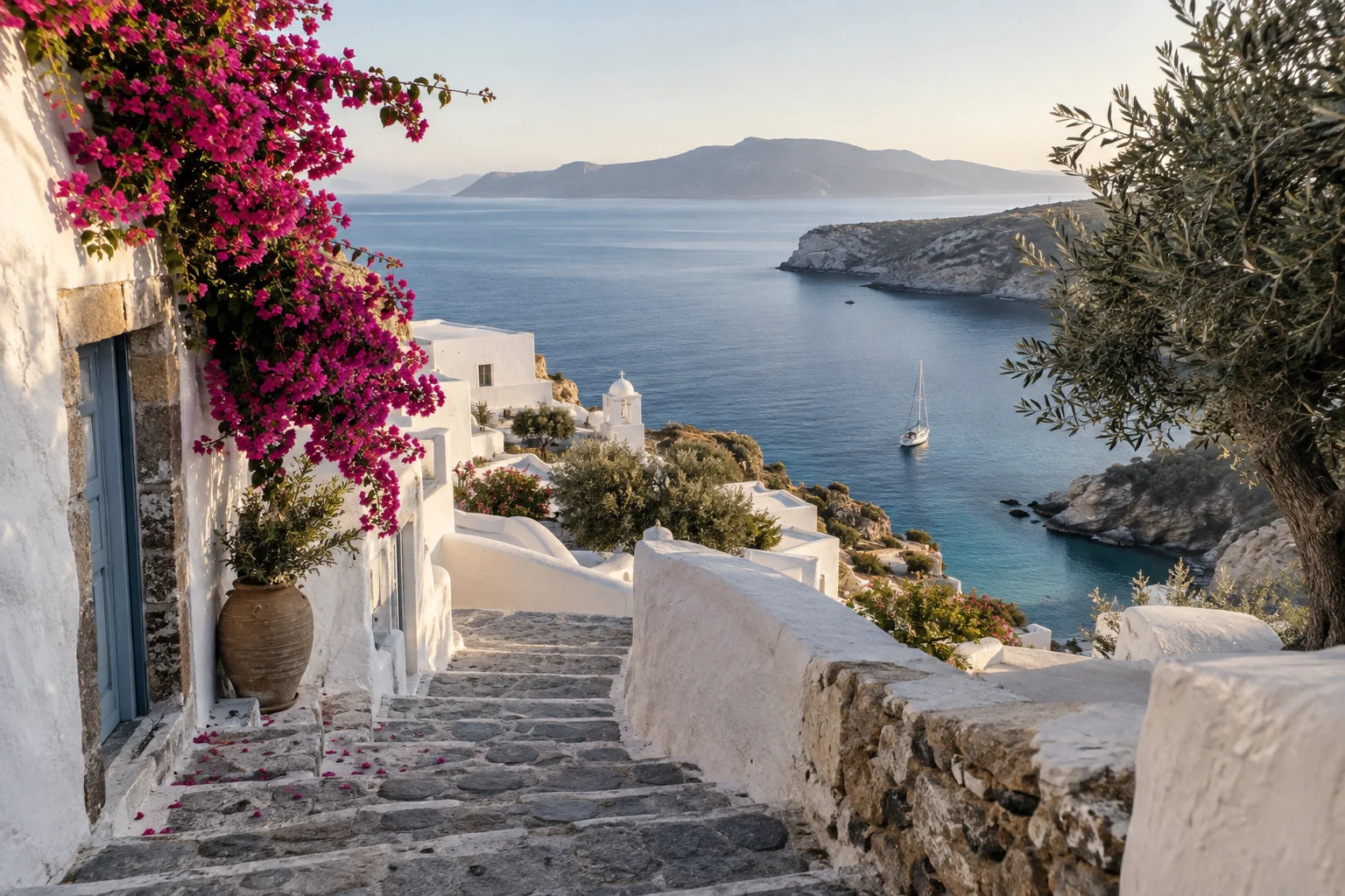Whitewashed island houses beside the Aegean