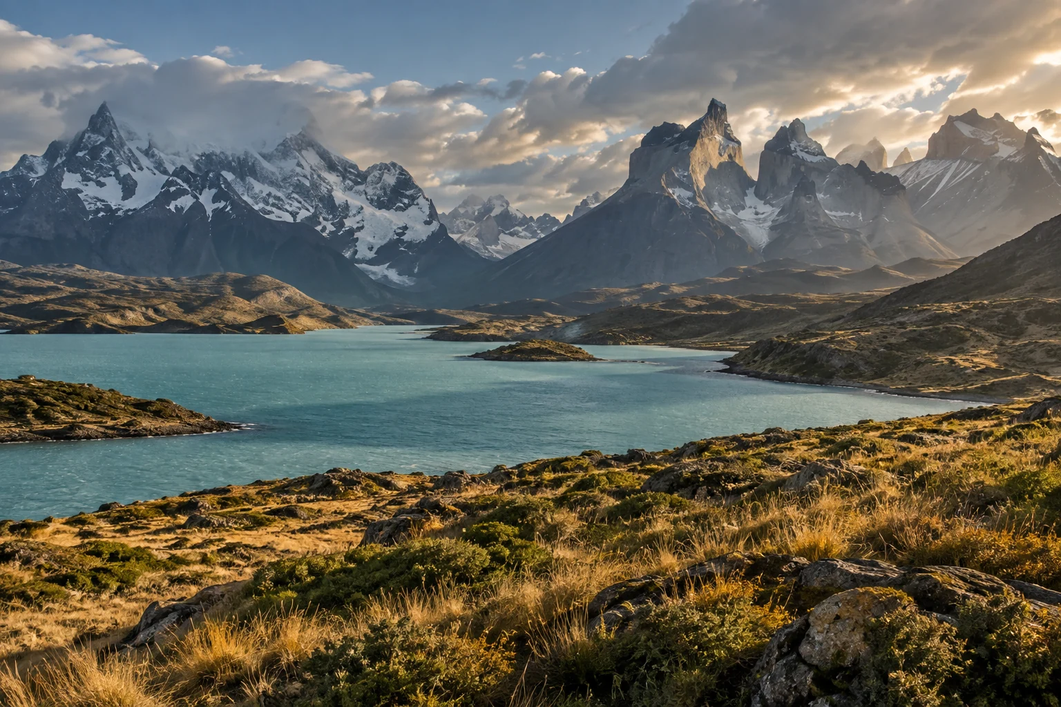 Mountain peaks and a turquoise lake in Patagonia