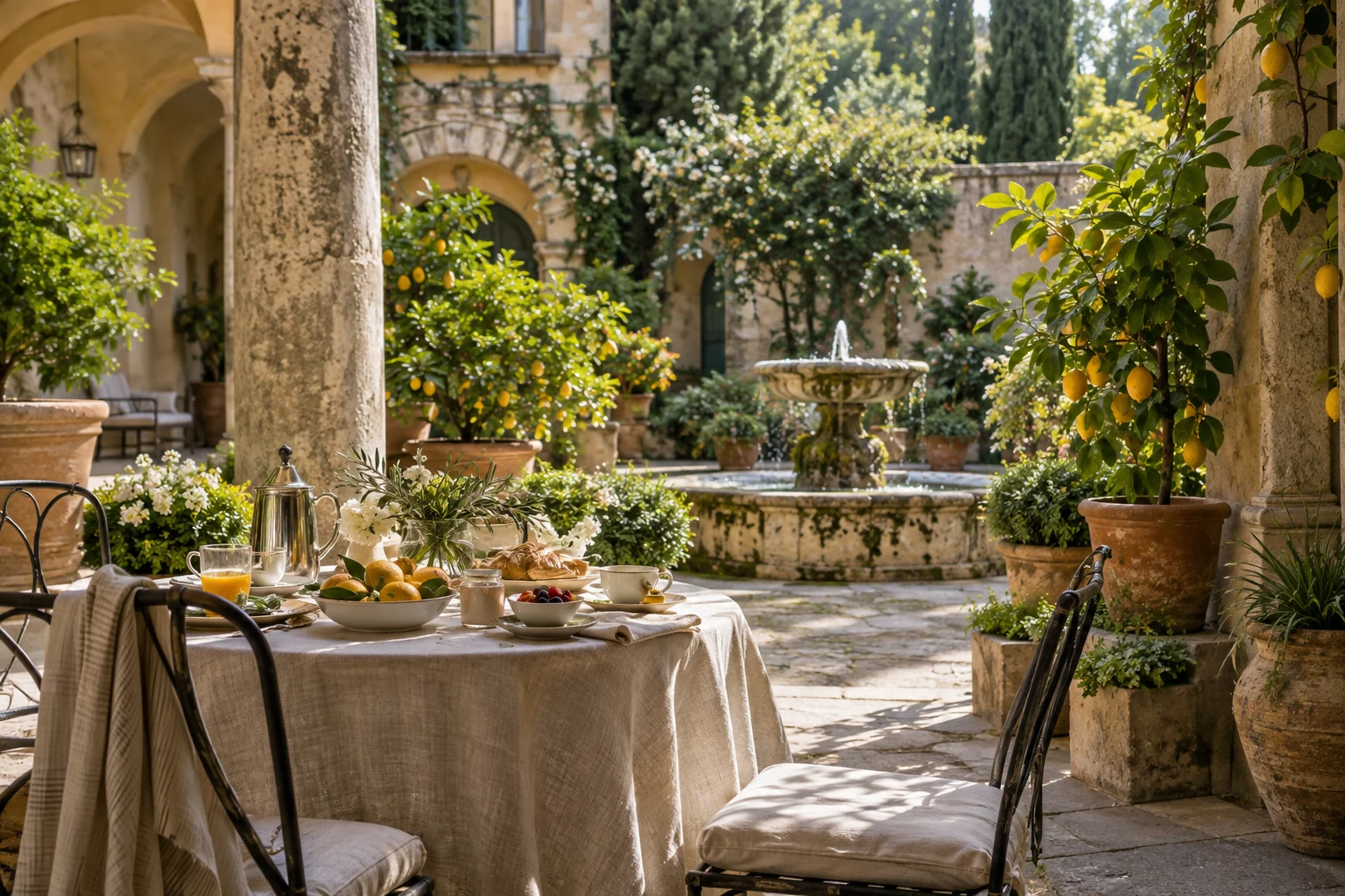 A quiet Mediterranean courtyard with a breakfast table